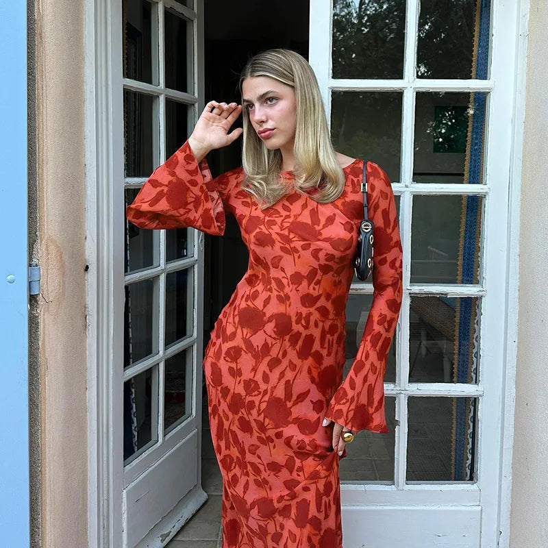 Temperament printed crewneck basic dress female fall style fashion elegant slim dress