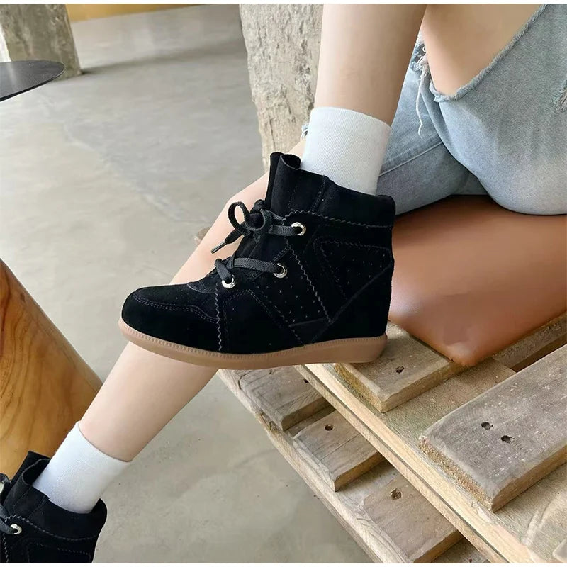 Brand Frosted Splicing Sneakers Women Fashion Versatile Casual High-top Shoes Inner Height Increase Textured Design Casual Shoes