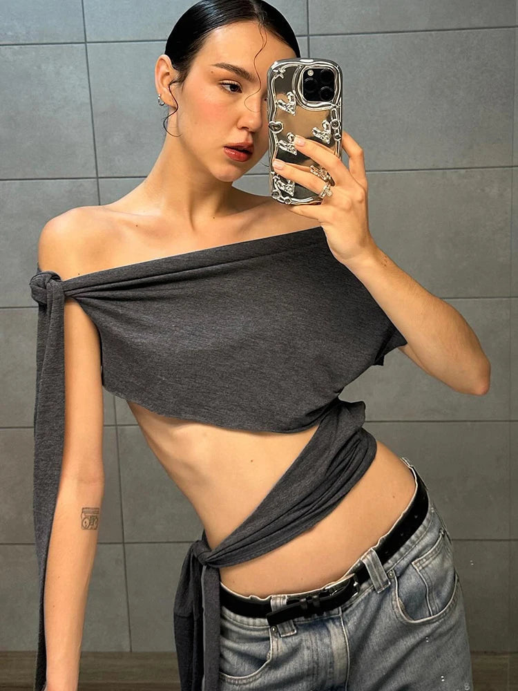 Weird Puss Hollow Bandage Tank Tops Women Ribbon One Shoulder Solid Sexy Summer Trend Wild Midnight Club Skinny Irregular Vest
