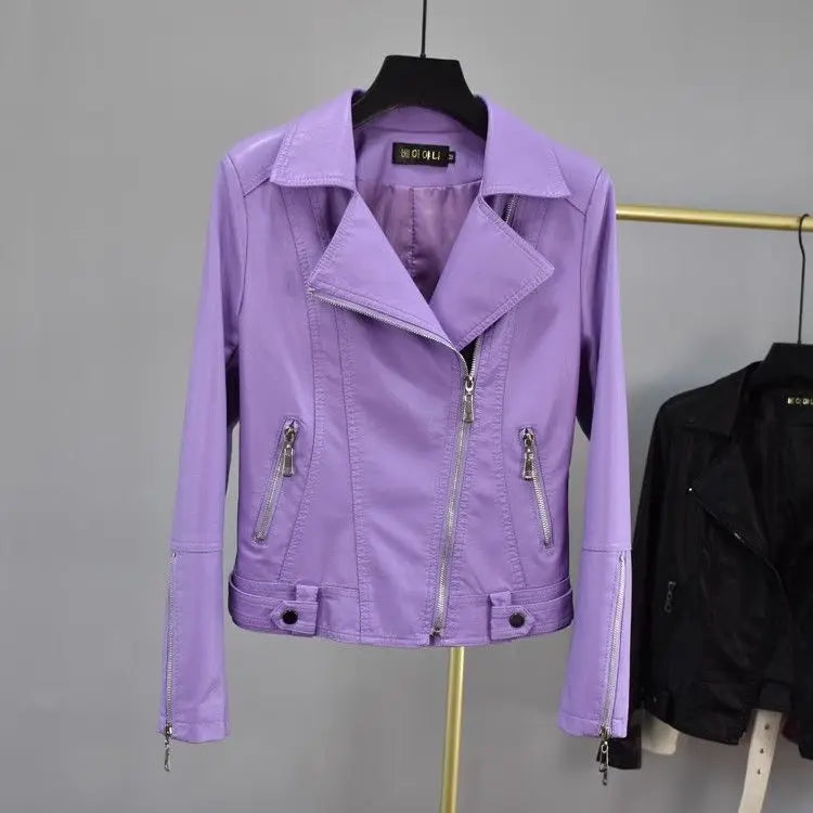 Purple Leather Jacket Women's Short Coat Slim Spring and Autumn Short Clothing