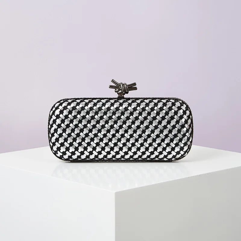 Gold Evening Clutch Bag for Women Leather and Bright Line Woven Purse Elegant Ladies Metal Knot Party Handbag Bolsas Femininas