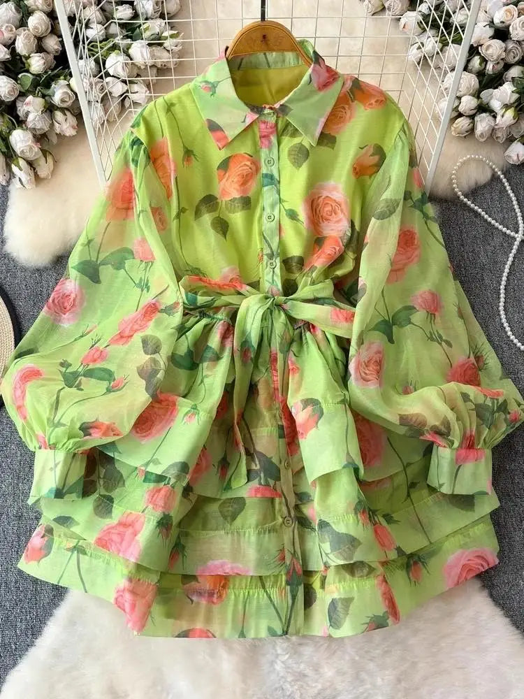 Women Lantern Sleeve Floral Print Lace Up Belt Summer Ball Gown Cute Dress Holiday Gorgeous Flower Ruffles Layer Cake Mini Dress