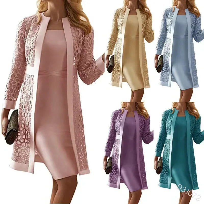 2025 Women's Lace Open Cardigan Dress Two-Piece Outfit Popular Wish Elegant Style Chinese Origin Fashionable Female Clothing