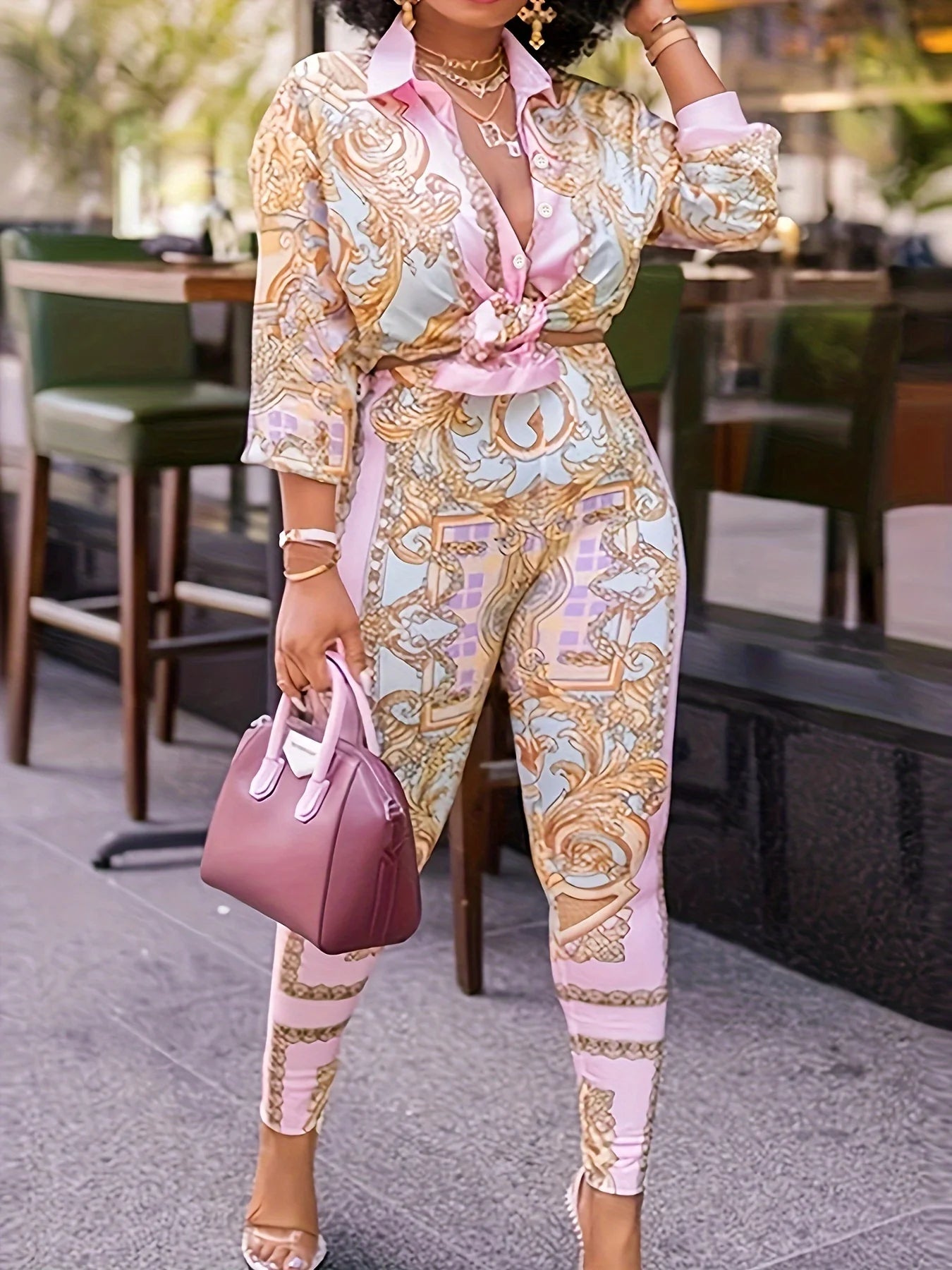 Pink British Print Two-piece Pencil Long Sleeved Two-piece Set