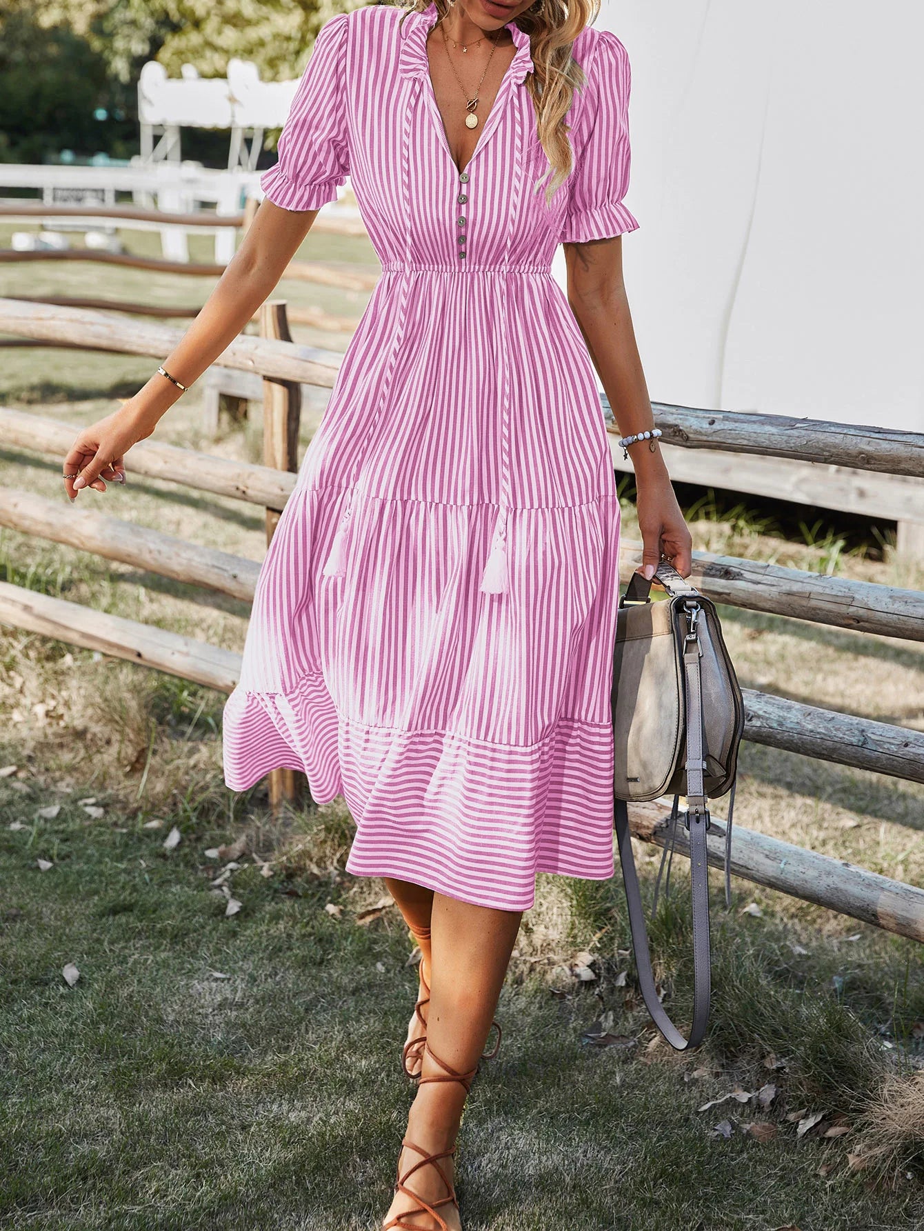 Summer Women's Striped Short Sleeve V-Neck Elastic Waist Dress
