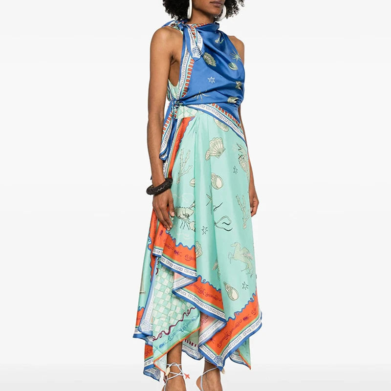 Casual Loose Satin Irregular Dress Ladies O-neck Sleeveless Printed Long Dress Sexy Hollow Out High Waist Pleated Evening Dress