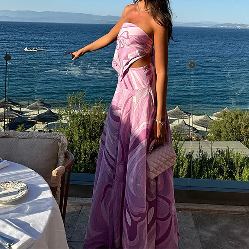 Lady Summer Chic Holiday Party Outfits Sexy Printed Strapless Top Skirts Suit Women Fashion Irregular Lace Up Pleated 2pc Sets