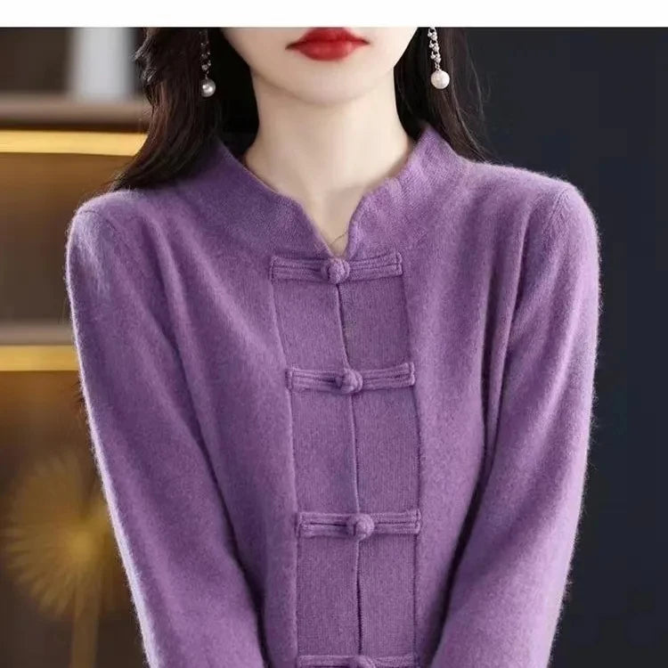 Vintage Knitted Cardigan Women's Thickened Half High Collar frog Loose Slim Sweater Coat Chinese Style Top Autumn And Winter N