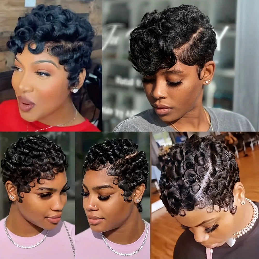 Short Pixie Cut Layered Curly Human Hair Wig for Women