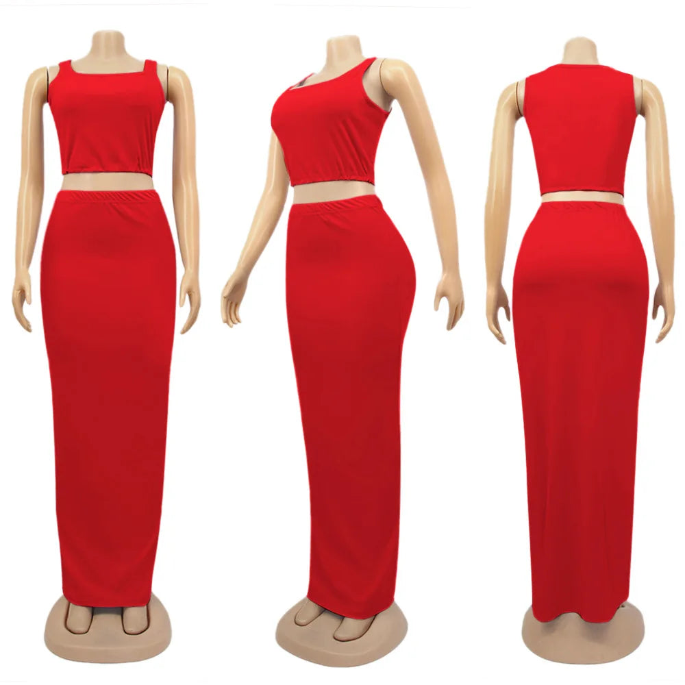 CM.YAYA Women Set Solid Sleeveless Strap Square Collar Crop Tops Stretchy Long Skirts Two Piece Set Sexy Fashion Outfits Summer