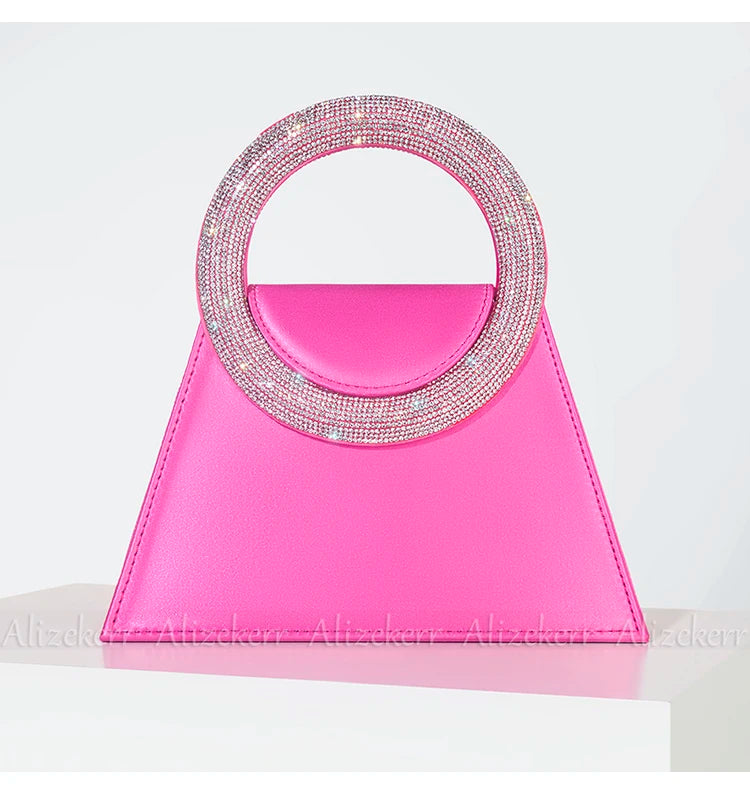 Bling Rhinestone Satin Handbags Women 2023 Elegant Boutique Round Crystal Handle Trapezoid Evening Clutch Purses Wedding Party