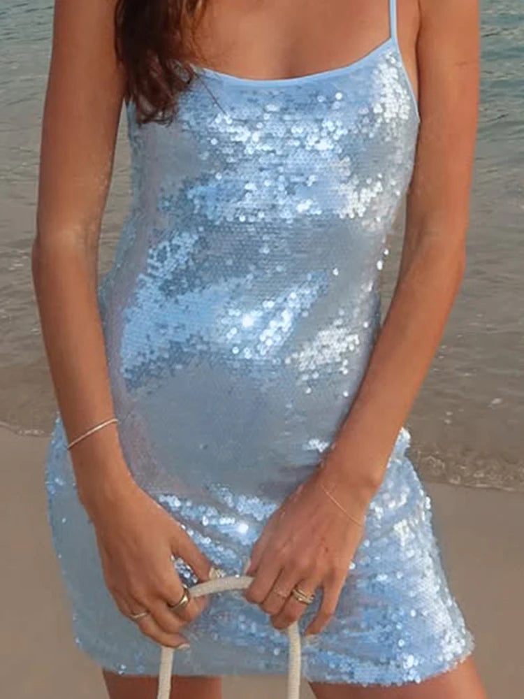 Sexy Sleeveless Sequin Short Dress Nightclub Party Off Shoulder Women's Mini Dress Summer Camisole Slim Fit Beach Dress Vestidos