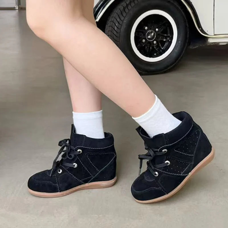 Brand Frosted Splicing Sneakers Women Fashion Versatile Casual High-top Shoes Inner Height Increase Textured Design Casual Shoes