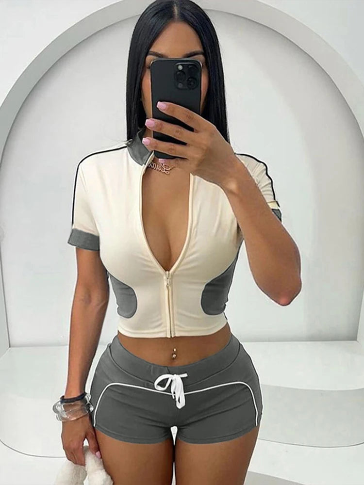 Weird Puss Summer Women Casual 2 Piece Set Tracksuit Zip Patchwork Shorts Sleeve Crop Tops+Shorts Stretch Sporty Outfits