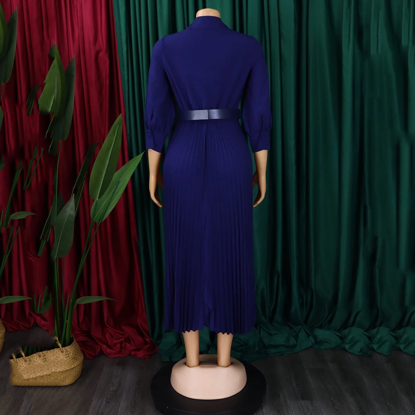 Elegant Office Dresses for Women Pleated Deep V Neck Full Sleeve Belt Waisted Ankle Length African Business Work Wear Dress New