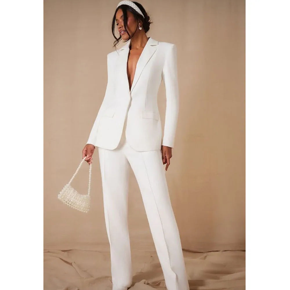 Luxury White Women's Clothing Single Breasted 2 Pieces Jacket Pants Female Suits Office Banquet Party Lady's Blazers Sets