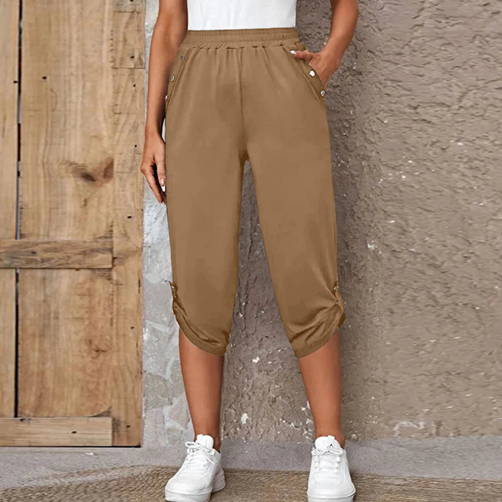 Women Elastic Waist Pants Summer Solid Color Casual Trousers Bottom Elegant Fashion Office Lady Loose Cropped Pants S-3XL