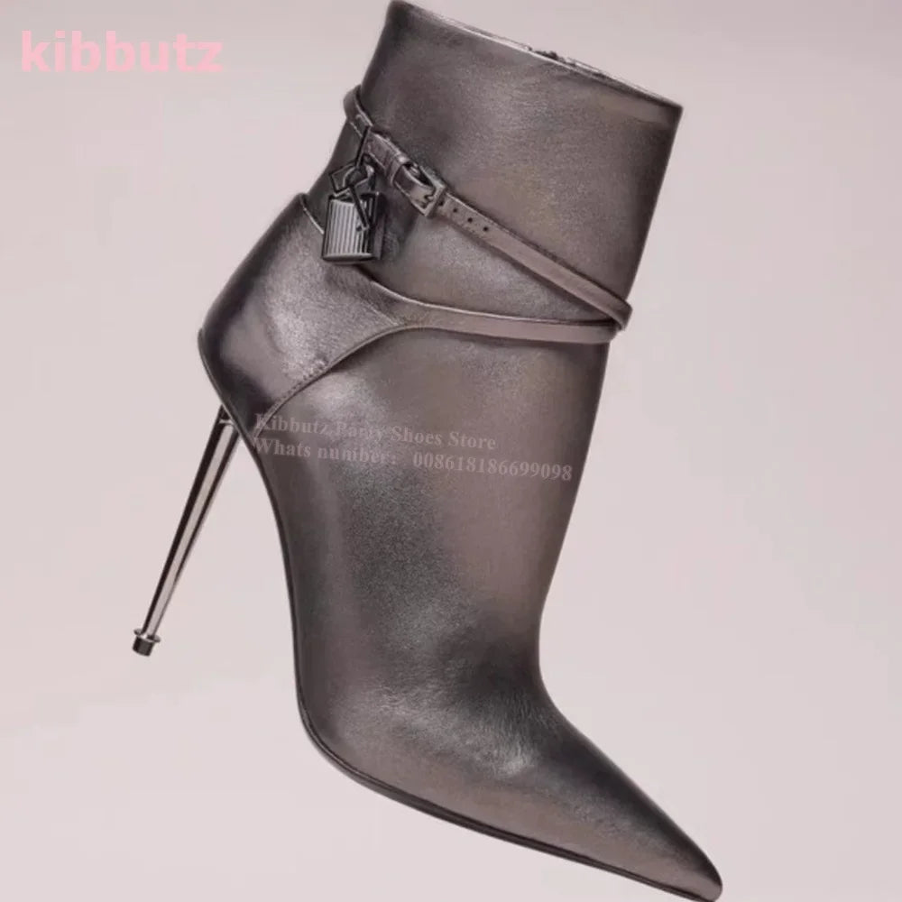 Metal Padlock Key Ankle Boots Genuine Leather Solid Color Pointed Toe Thin Heel Suede Side Zipper Fashion Runway Show Elegant