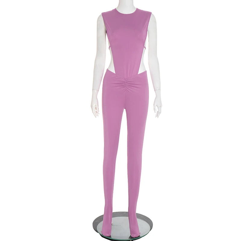 Weird Puss Sexy Women Tracksuit 2 Piece Set Sleeveless Side Split Bodysuit+Ruched Foot Leggings Matching Hipster Street Outfits