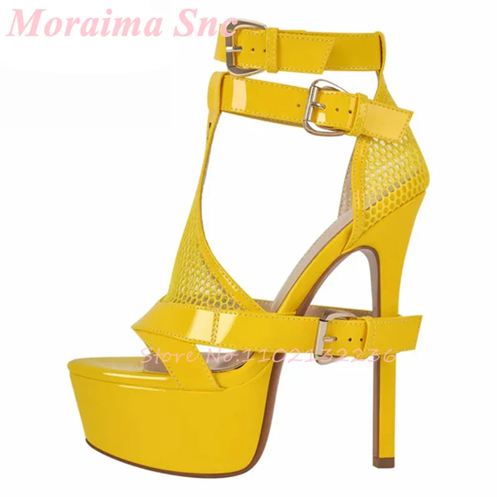 Mesh Cutout Patent Platform Sandals