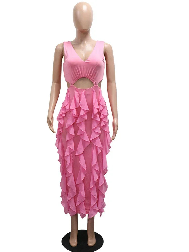 Stylish Deep V Neck Ruffles Tierred Long Party Dresses For Women Cute Pink Ruched Night Out Vestidos Outfits Clubwear