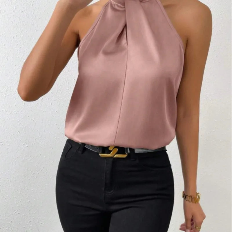 Women's Tops 2025 Summer New European and American Clothes Satin Halter Sleeveless Vest Sexy Commuting Satin Simulated Silk Top