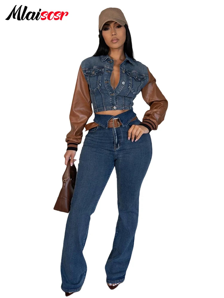 Mlaiscsr Fall Winter Fashion Pu Leather Long Sleeve Patchwork Stretch Denim Jacket and Jeans Pants 2 Piece Set Women Streetwear