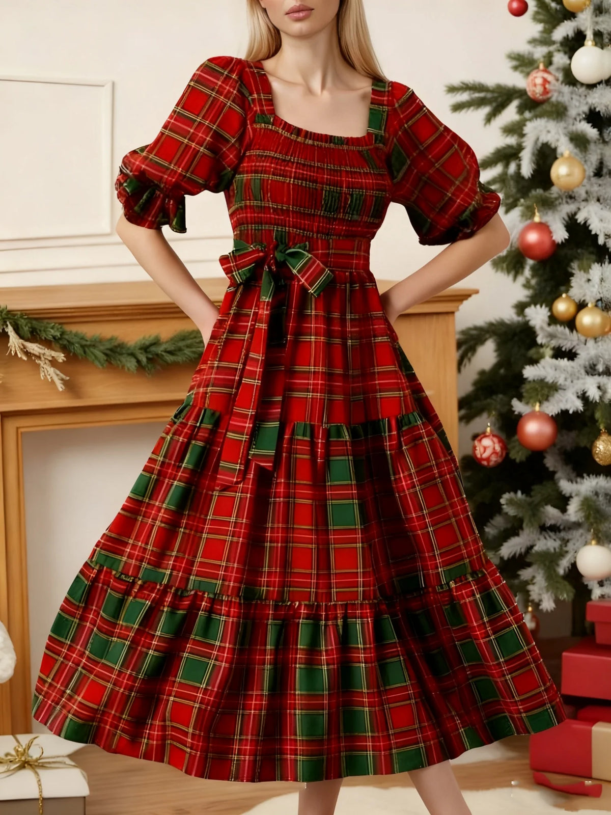 Christmas Plaid Square Neck Puff Sleeve Midi Dress for Women