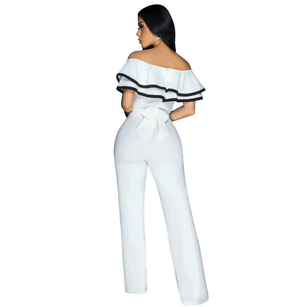 CM.YAYA Women V-neck Off Shoulder Ruffles Wide Leg Jumpsuits 2024 Summer Fashion Sexy Party Playsuit One Piece Suit Rompers