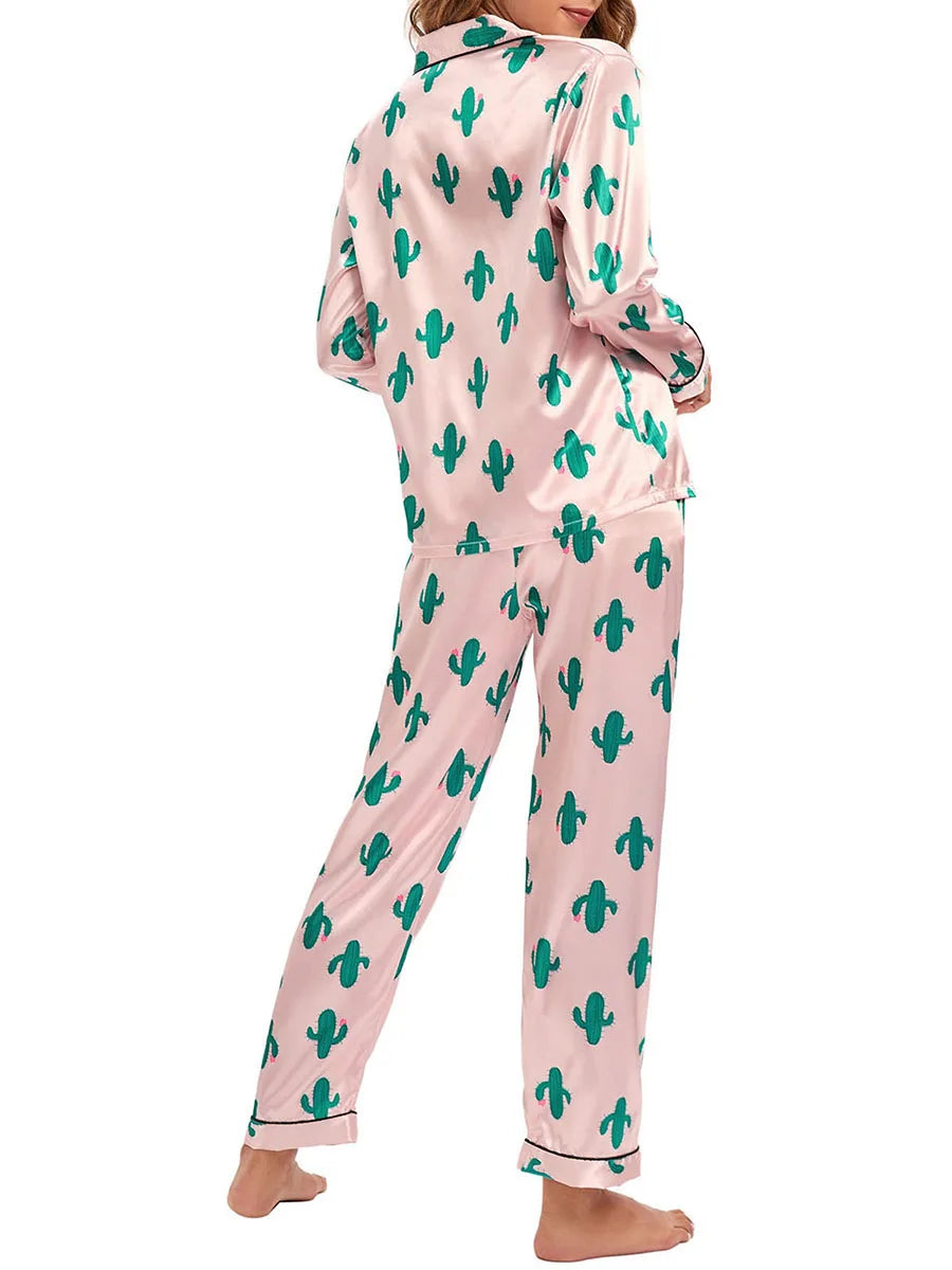 Women 2 Pieces Satin Pajamas Set Spring Autumn Long Sleeve Button Up Shirt and Casual Loose Elastic Pants Sleepwear Loungewear