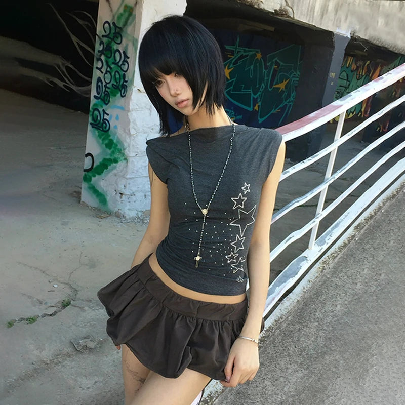 Karrram Japanese Y2k Off Shoulder T-shirt Trashy 2000s Style Rhinestones Sleeveless Top Vintage Harajuku Crop Top American Retro
