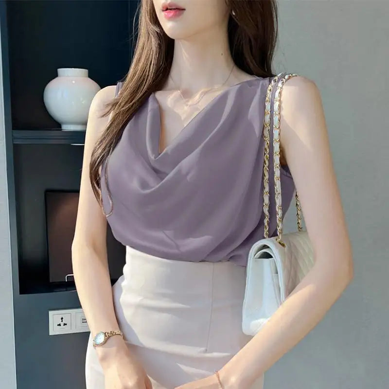 ZANZEA Women Satin Tank Tops Elegant Cowl Neck Sleeveless Blouse Korean Fashion Silk Solid Color Tanks Office Lady Sexy Camisole