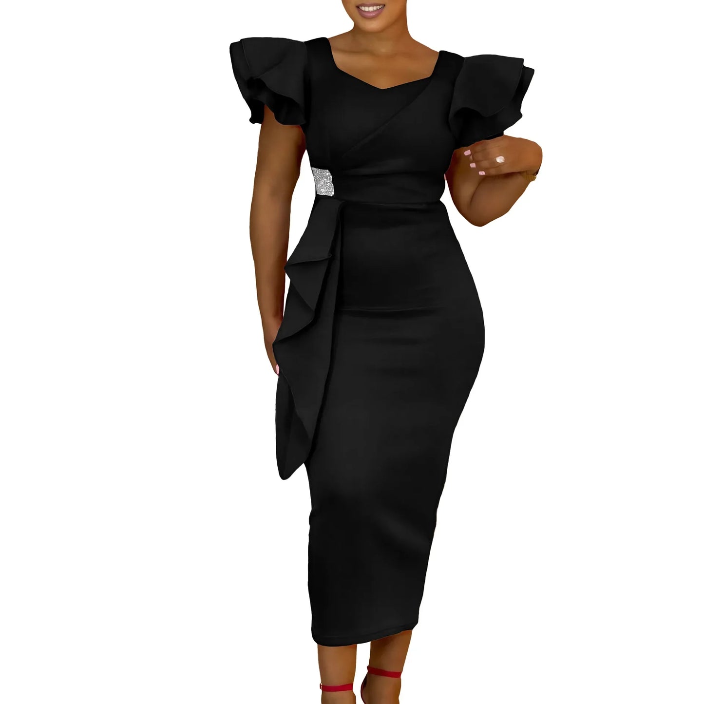 Elegant Pure Color African Style Wrap Dress D3310 New Fashionable Transoceanic Dress with Lace Trim Elegant African Dress