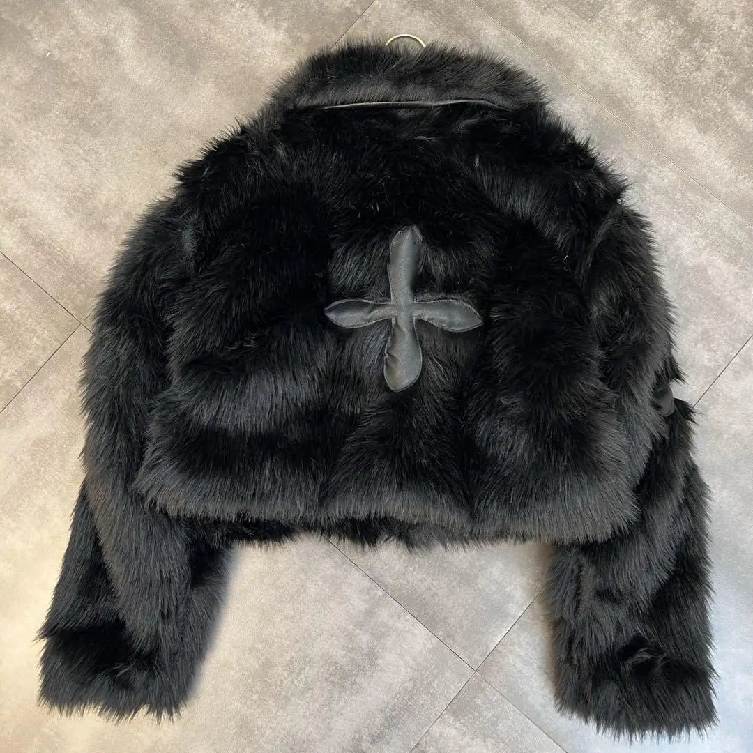 2025 Winter Women Cotton Jacket Lapel Long Sleeve Patch Cross Short Fur Coat Black