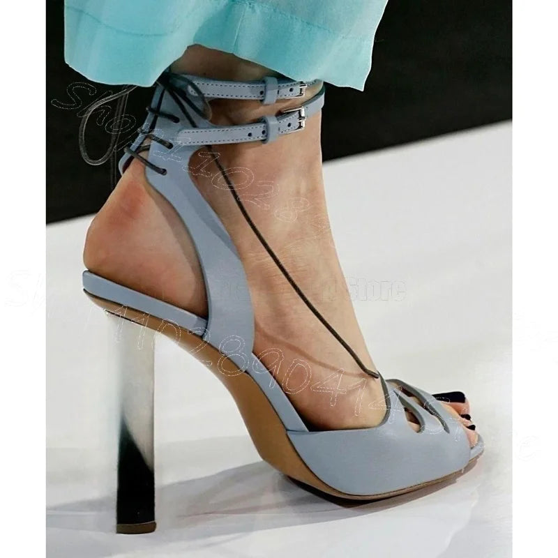Pink Hollow Buckle Metal Heel Strappy Sandals for Women