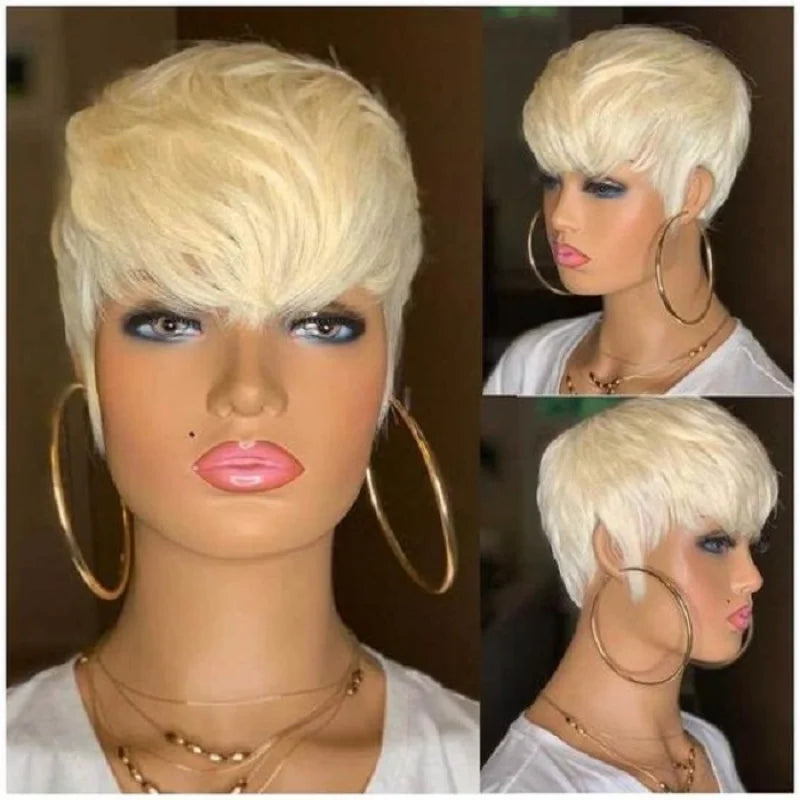 613 Honey Blonde Straight Short Pixie Bob Cut Wig With Bangs Indian Human Hair Full Machine Wig For Black Women