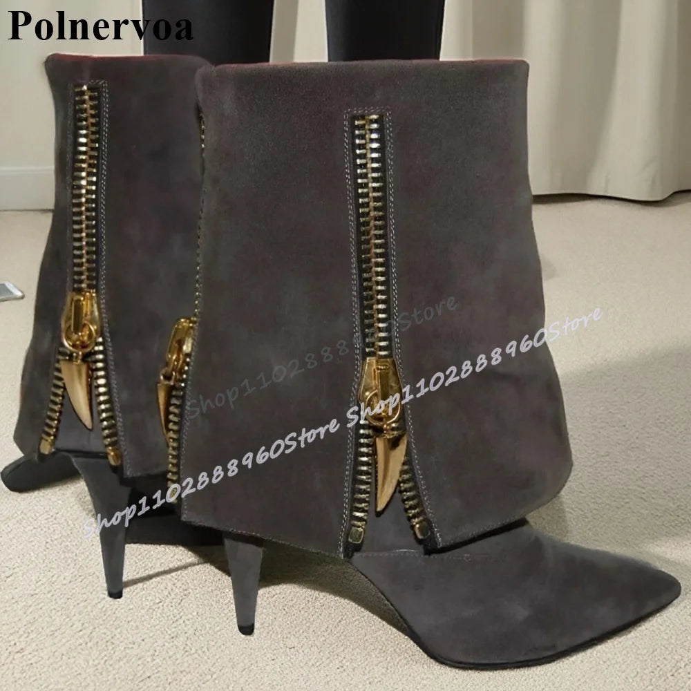 Gray Mid Calf Fold Over Metal Zipper Pointy Boots Suede Thin High Heel Shoes For Women Pointed Toe Trending Zapatos Para Mujere