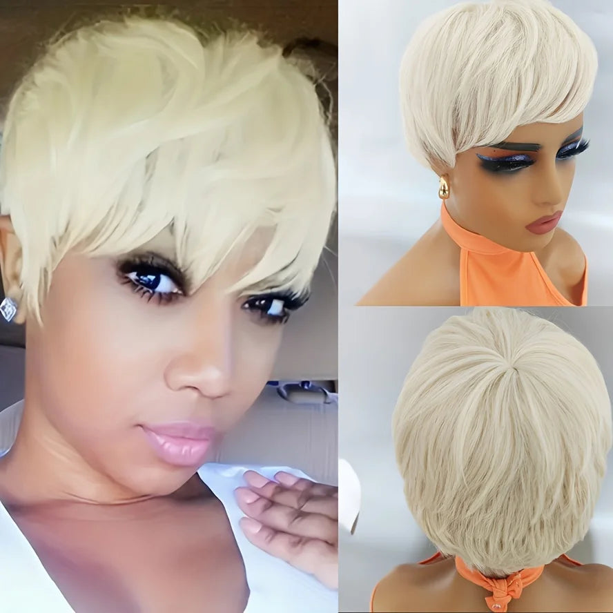Heat Resistant Wavy Pixie Cut Blond Synthetic Wig for Women