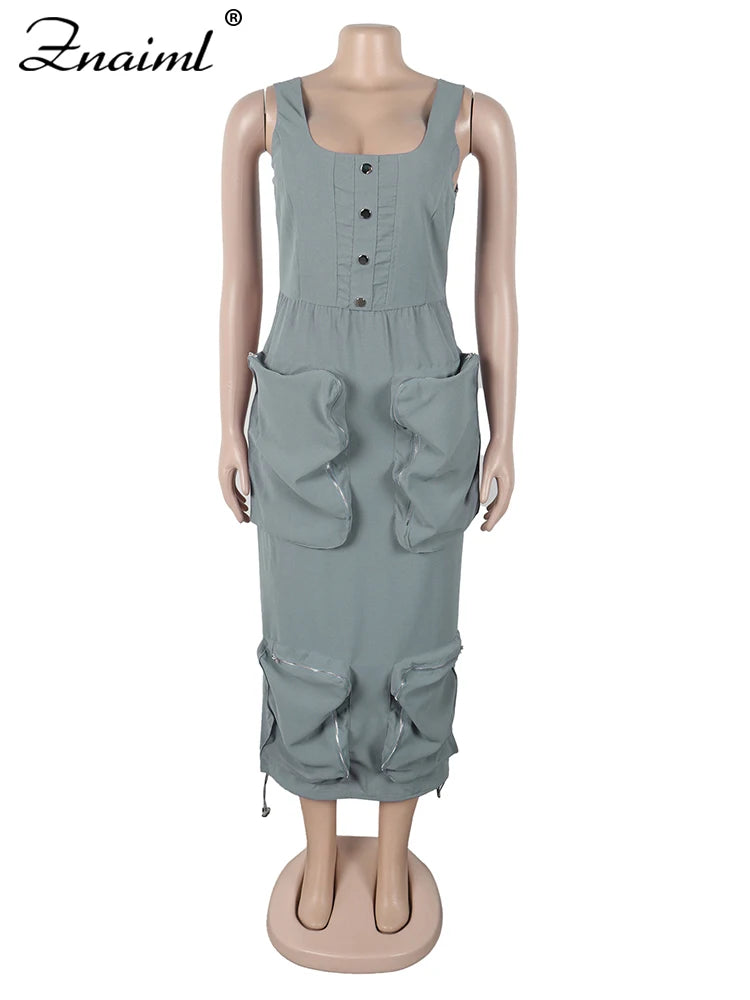 Znaiml Mult Pockets Patchwork Bodycon Mid Dress Woman Sleeveless Backless Zip Gray Cargo Dresses Birthday Club Party Vestidos