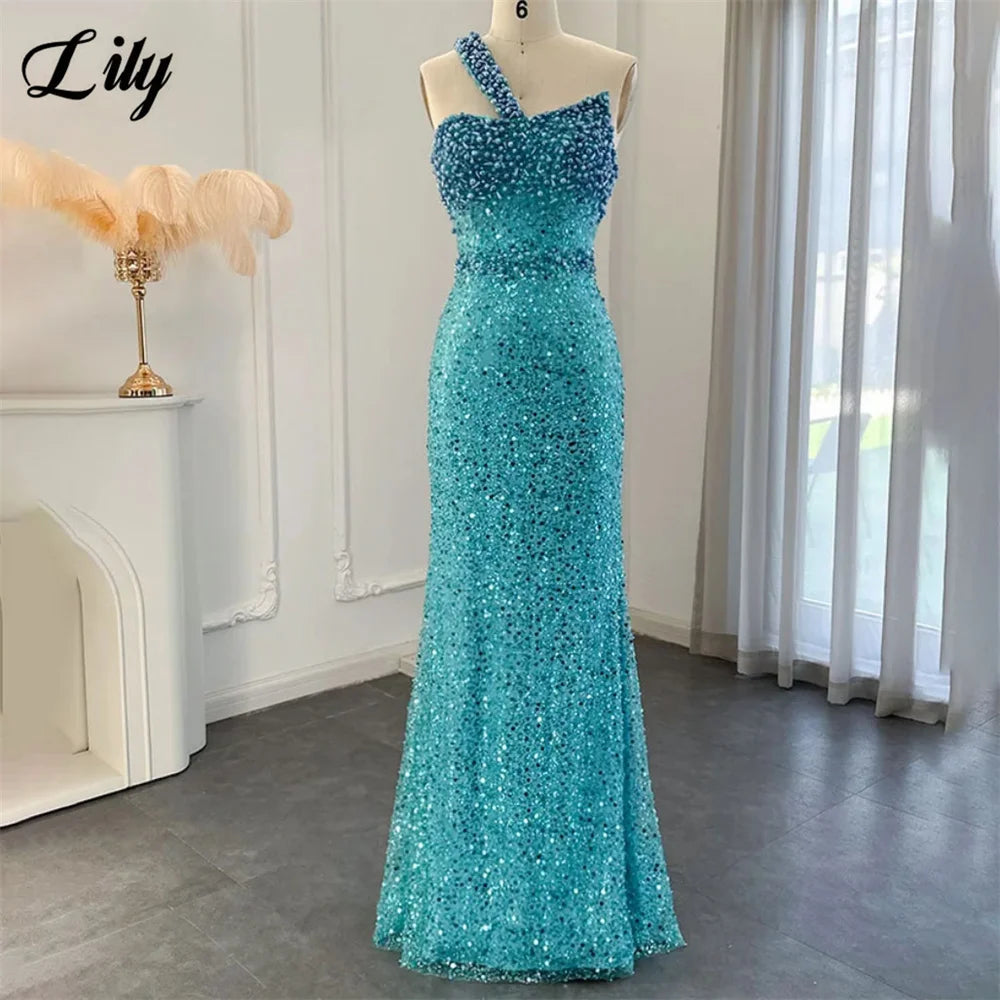 Lily Blue Gorgeous Rhinestones Prom Dresses One Shoulder Sleeveless Evening Dress Pearls Sequins Mermaid Party Gowns Customized
