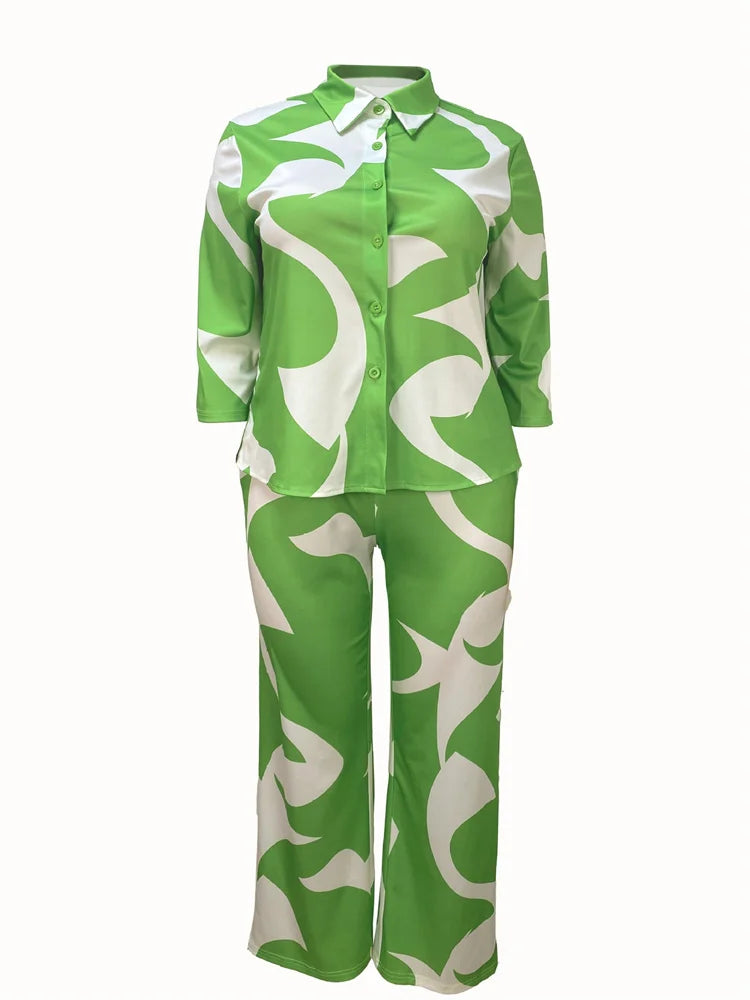 Wmstar Plus Size Two Piece Set Women Wholesale Print Pants Sets Button Shirts Top and Flared Trousers New in Summer 2025
