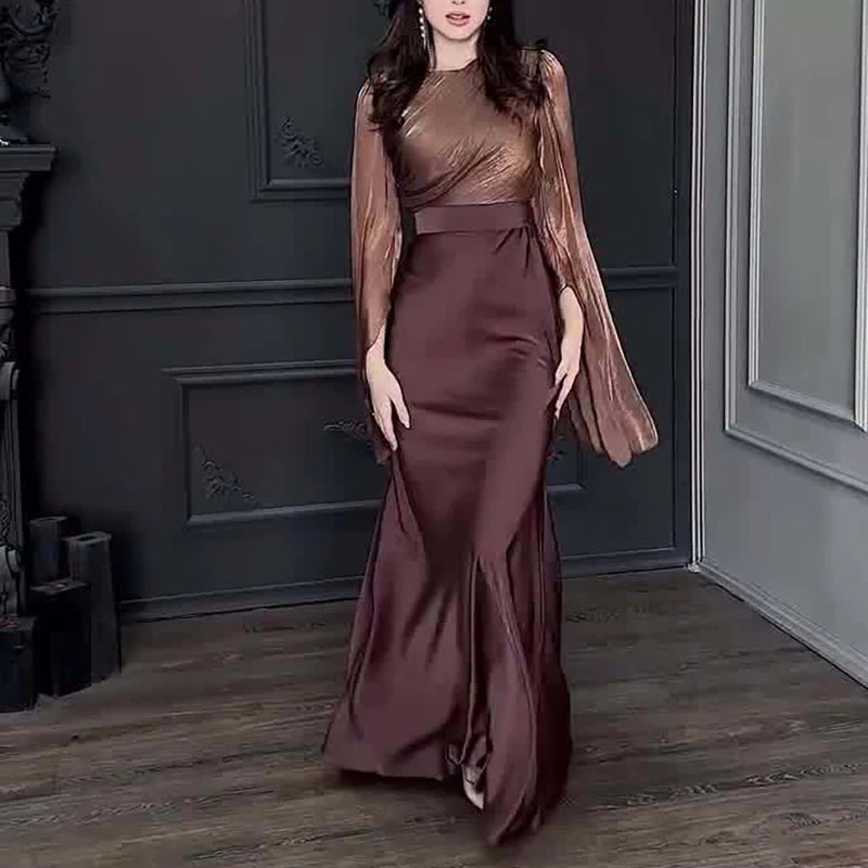 2024 New Women's O-neck Slim Satin Dress Fashion Patchwork High Waist Evening Dress Fall Elegant Solid Color Party Long Dresses