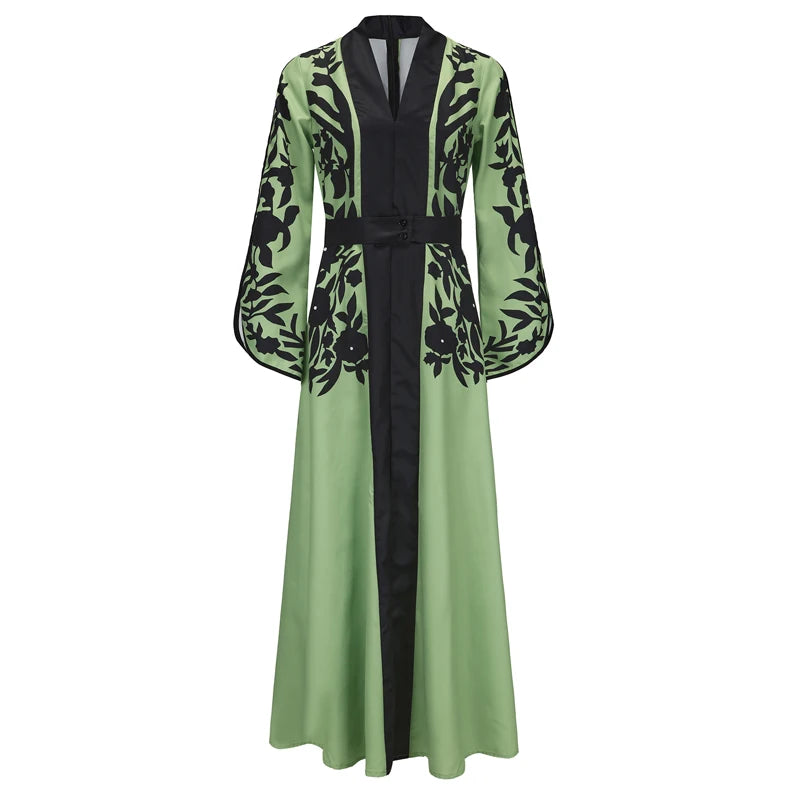 2025 New Spring Summer Muslim Robe Dress Fashion Flared Sleeves V-Neck Appliques Party Evening Maxi Dresses For Women