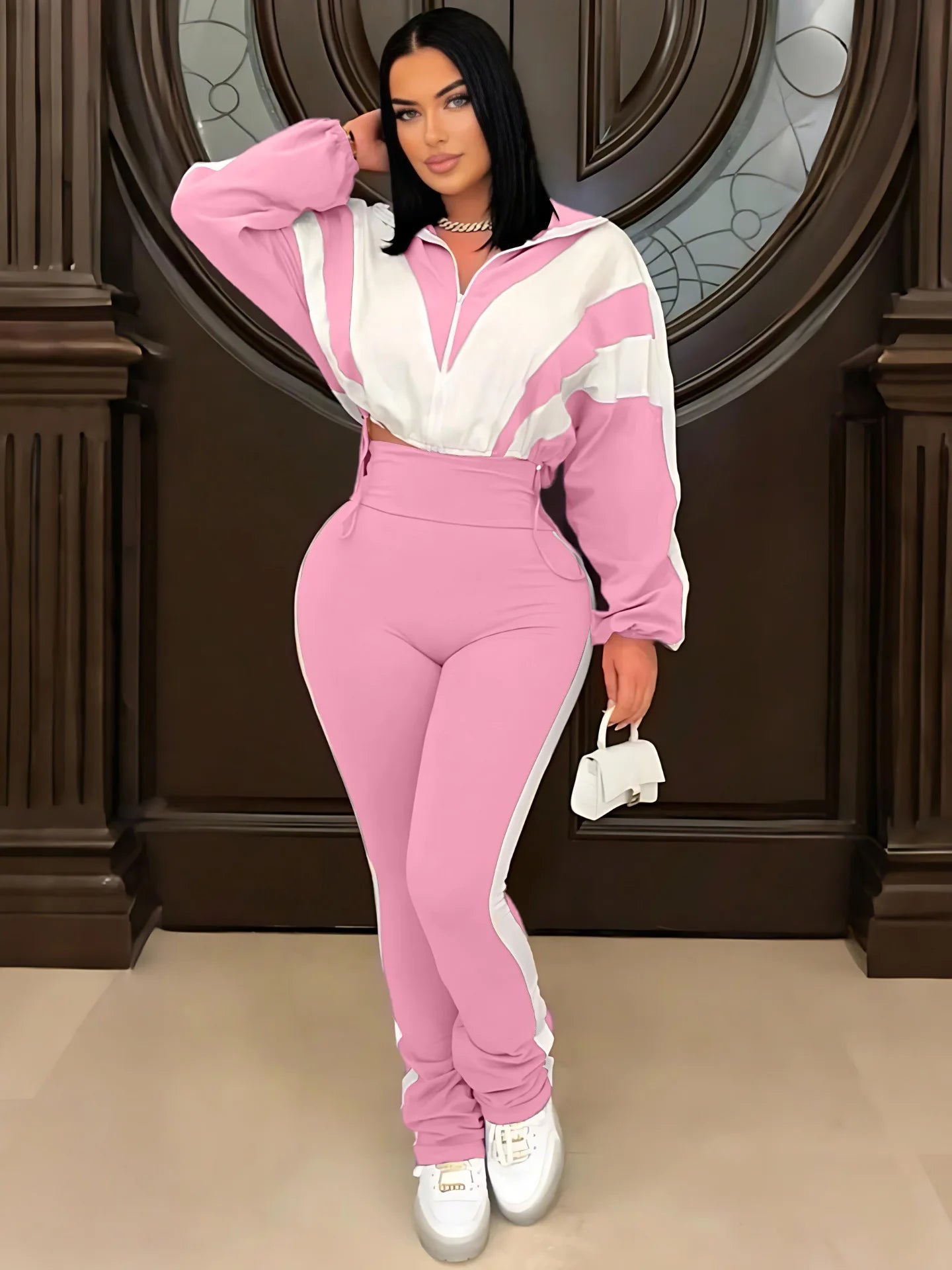 CM.YAYA Active Patchwork Women's Set Zipper Sweatshirt Jacket and Long Pants Suit 2025 Fall Two 2 Piece Sets Outfit Tracksuit