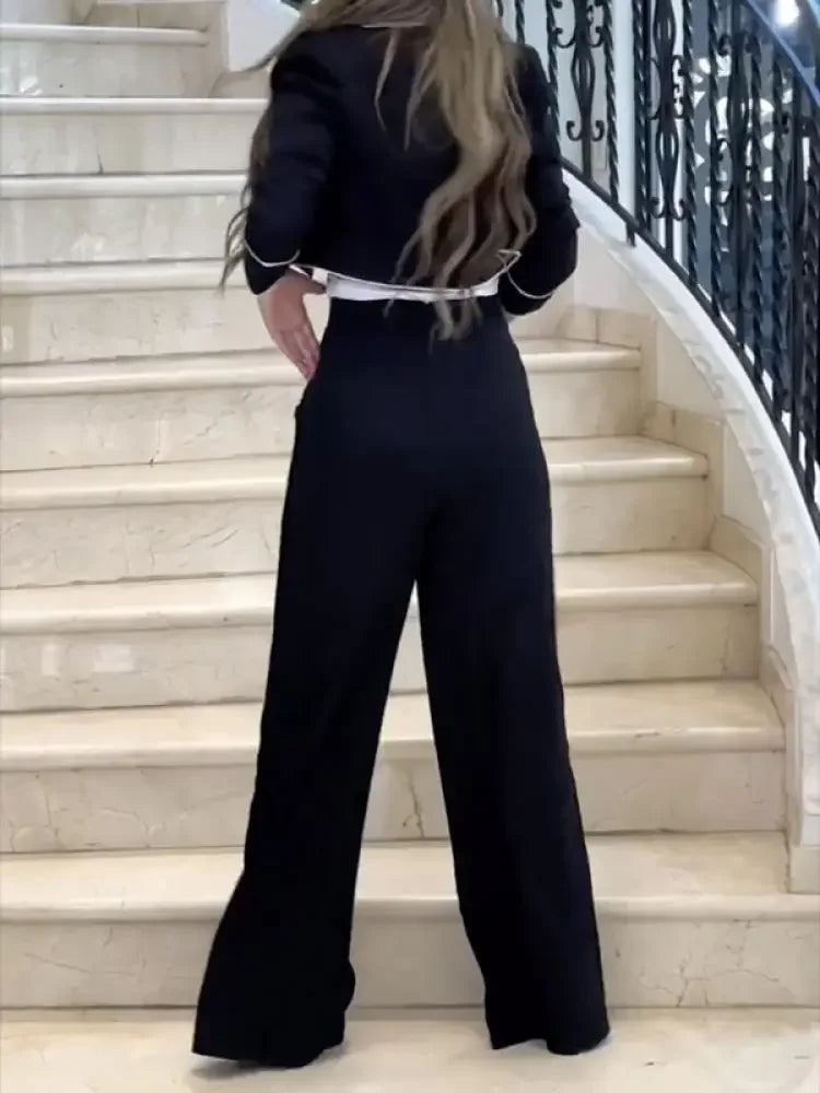 Beautyblue Black Pant Set Women's Blazer&Pants New Fashion High Waist Loose Buttoned Pocket Lapel Two-piece Set Office Commute
