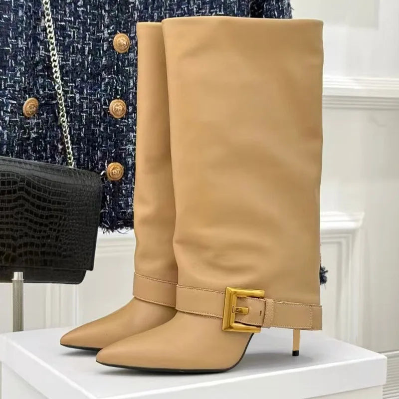 Design Women Metal High Heel Pointed Toe Belt Buckle Knee High Boots Sexy Women Pointy Gold Belt Buckle Knee Boots Plus Size 46