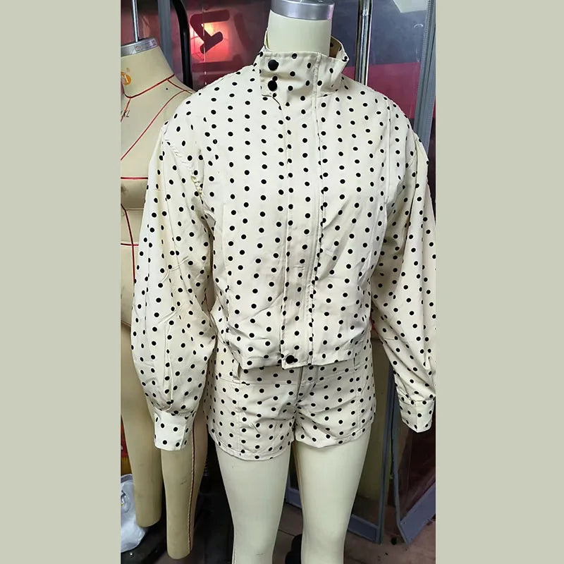 Loose Polka Dot Zipper Women's Shorts Set Stand Collar Patchwork Full Sleeve Pockets Jacket Tie Up Short Pant Suit Summer Outfit