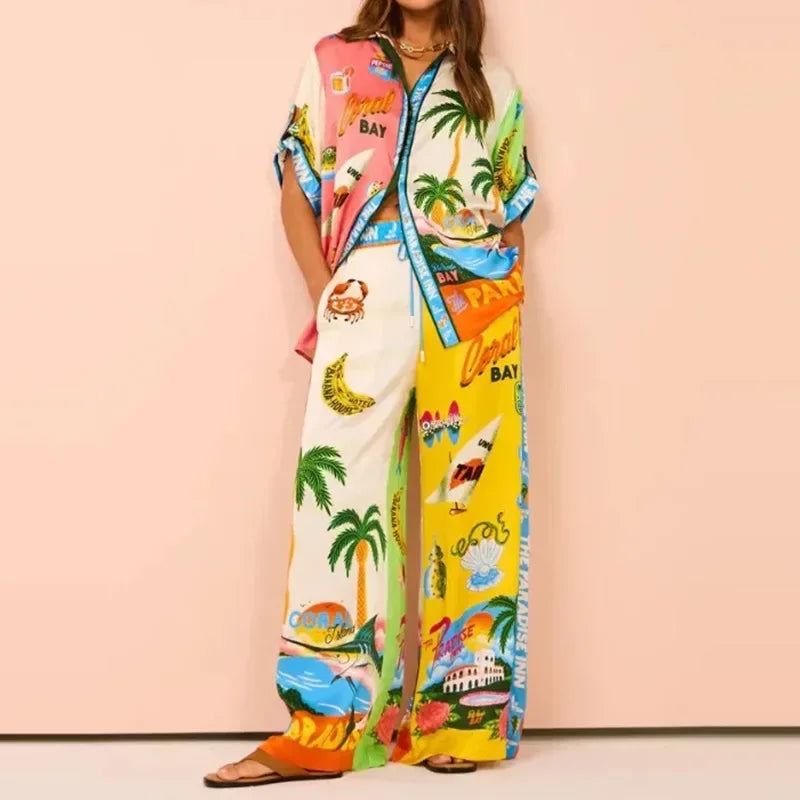 Long Sleeve Long Pant Sets Women Retro Lapel Single Breasted Blouses Trousers 2 Piece Set Printed Color-blocking Elastic Waist