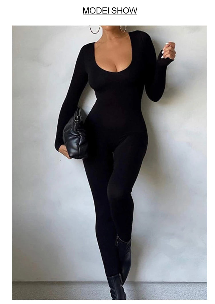 Spring Summer New Women's Long Sleeve Solid Color Skinny Jumpsuit Fashion Sports Fitness Pullover Casual Wear
