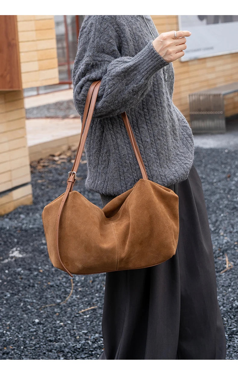 Women's Suede Genuine Leather Shoulder Bags Ladies Frosted Cowhide Crossbody Bag Female Design Luxury and Lazy Commuting Handbag